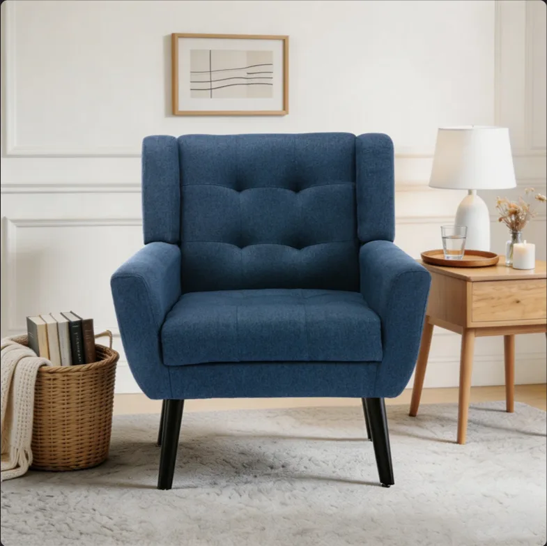 1 Seater Sofa Chair In Blue Linen Fabric