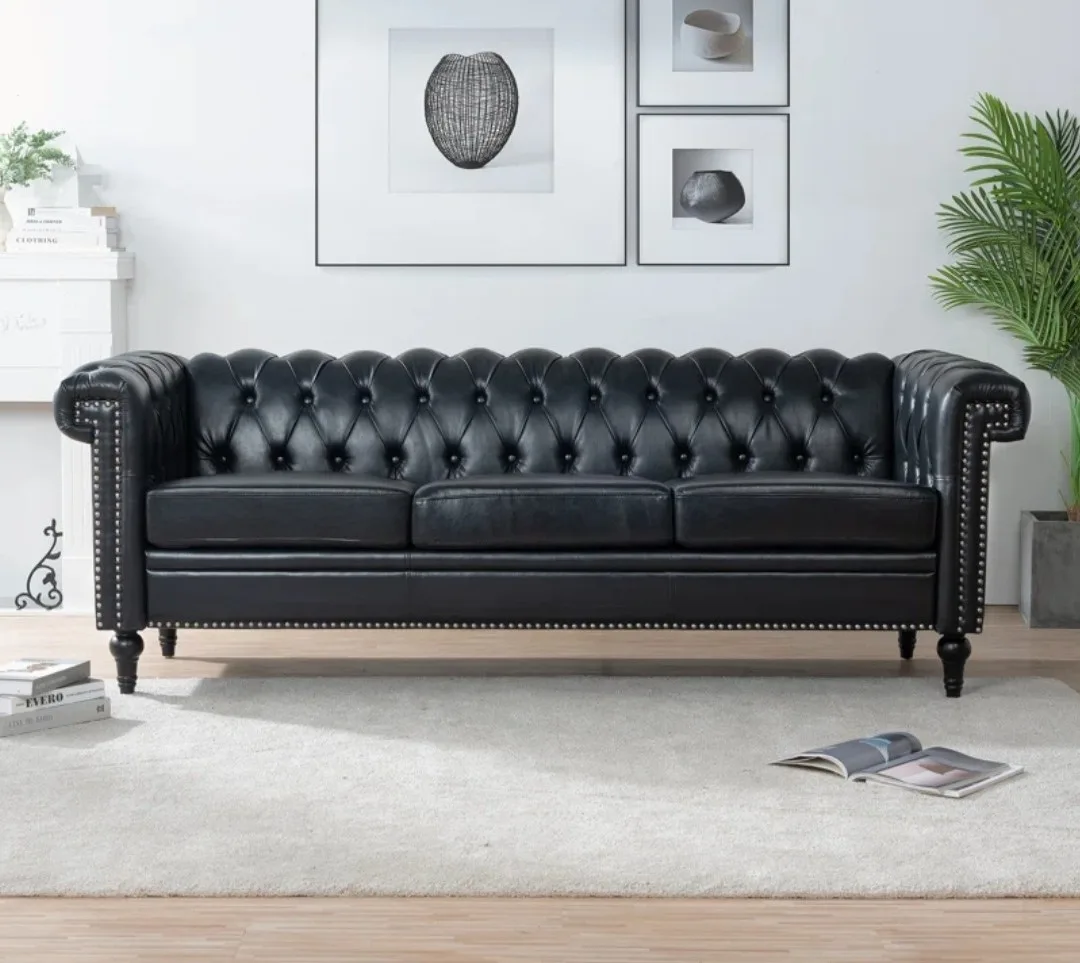 3 Seater Sofa With Back Chesterfield In Premium Black Leather, Mumbai, Navi Mumbai, Thane, Pune, India