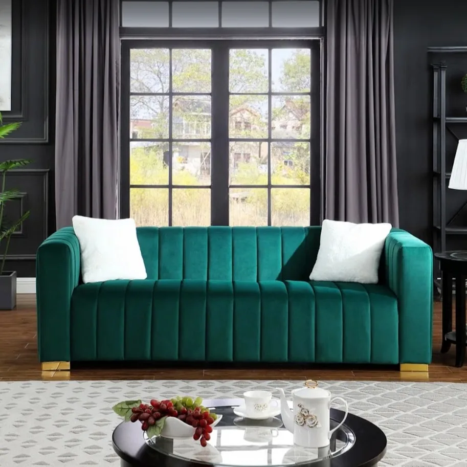 3 Seater Sofa With Lining Design In Green Velvet Fabric, Mumbai, Navi Mumbai, Thane, Pune, India
