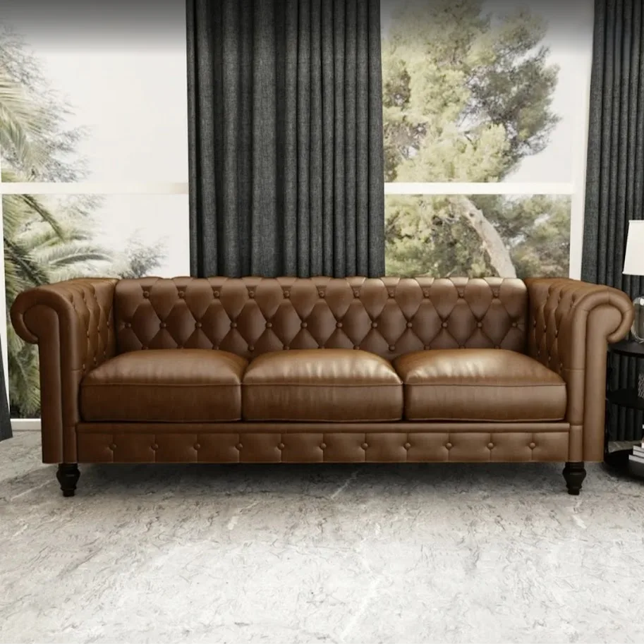 3 Seater Sofa With Back Chesterfield In Premium Brown Leather, Mumbai, Navi Mumbai, Thane, Pune, India