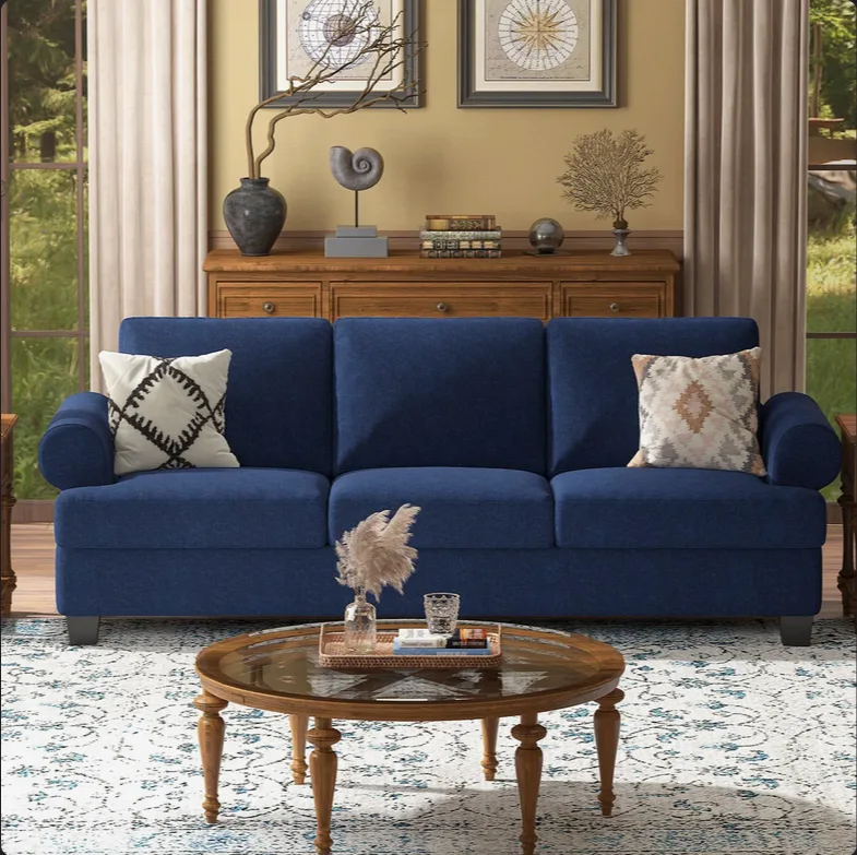 3 Seater Sofa With Blue Linen Fabric
